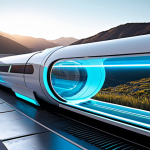 A futuristic Hyperloop pod, white and sleek, levitating smoothly within a transparent segment of its tube. Visible elements of advanced magnetic levitation and linear motor technology are subtly highlighted with an ethereal blue glow. The exterior view reveals a modern, elevated infrastructure winding through a well-maintained, integrated landscape, symbolizing cutting-edge engineering. Professional concept art, high resolution, precise details, sharp focus, vibrant lighting. safe for work, appropriate content, fully clothed, professional, perfect anatomy, correct proportions, natural pose.