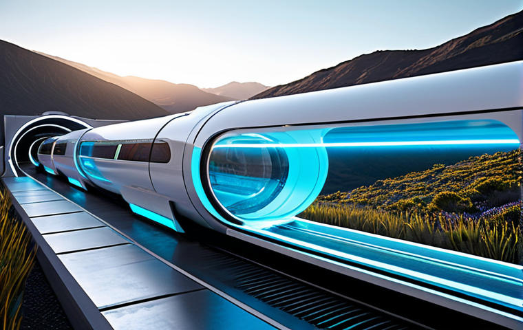 A futuristic Hyperloop pod, white and sleek, levitating smoothly within a transparent segment of its tube. Visible elements of advanced magnetic levitation and linear motor technology are subtly highlighted with an ethereal blue glow. The exterior view reveals a modern, elevated infrastructure winding through a well-maintained, integrated landscape, symbolizing cutting-edge engineering. Professional concept art, high resolution, precise details, sharp focus, vibrant lighting. safe for work, appropriate content, fully clothed, professional, perfect anatomy, correct proportions, natural pose.
