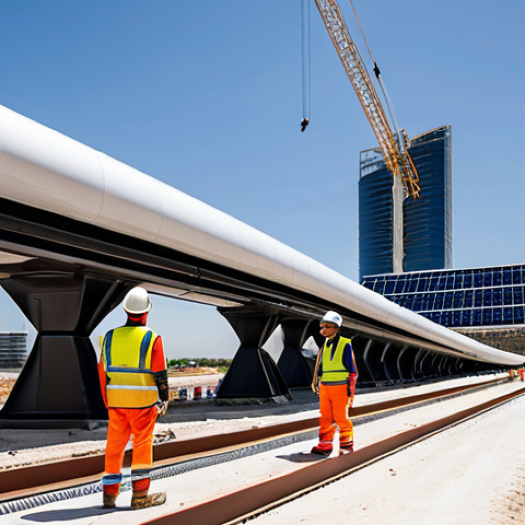 Hyperloop Construction & Innovation**
"A bustling construction site in Valencia, Spain, showcasing the building of a Hyperloop station. Engineers and construction workers in hard hats and safety vests are overseeing the installation of advanced materials and tube sections. In the background, a modern city skyline with solar panels visible. The scene emphasizes innovation and technological progress. Fully clothed, appropriate attire, safe for work, perfect anatomy, natural proportions, professional photography, high quality, family-friendly."
**