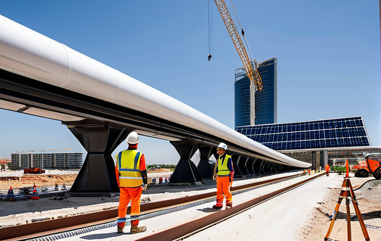 Hyperloop Construction & Innovation**
"A bustling construction site in Valencia, Spain, showcasing the building of a Hyperloop station. Engineers and construction workers in hard hats and safety vests are overseeing the installation of advanced materials and tube sections. In the background, a modern city skyline with solar panels visible. The scene emphasizes innovation and technological progress. Fully clothed, appropriate attire, safe for work, perfect anatomy, natural proportions, professional photography, high quality, family-friendly."
**