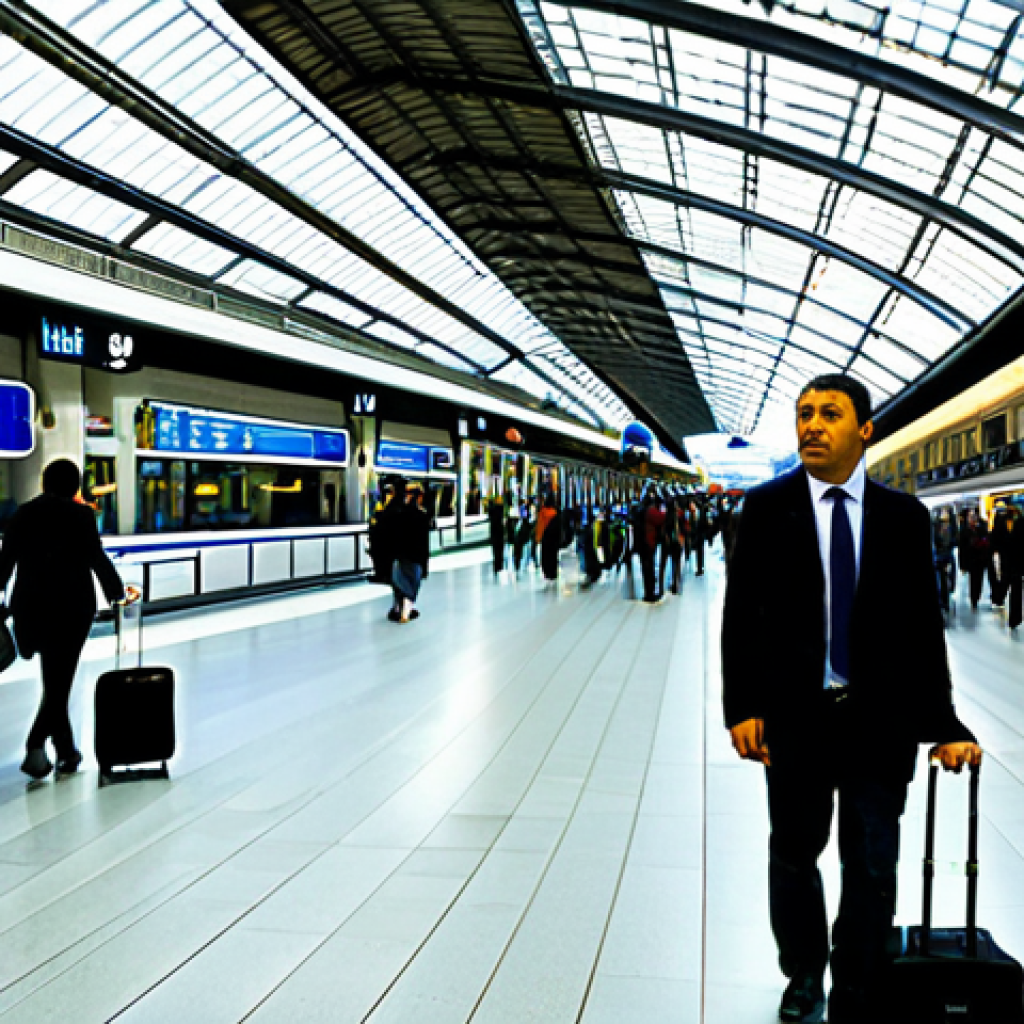 하이퍼루프와 고속철도 비교 분석 - Modern Madrid Train Station**
"A bustling, modern train station in Madrid, Spain, featuring a sleek...