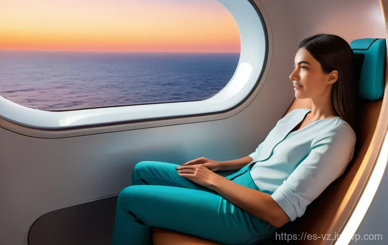 하이퍼루프 시스템의 사용자 경험 분석 - **"A serene interior shot of a futuristic Hyperloop capsule, showcasing a female passenger (adult, f...