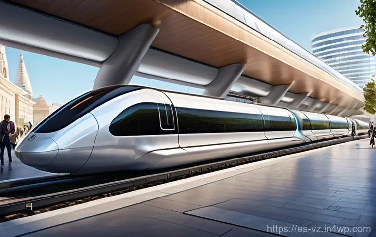 하이퍼루프 시스템의 사용자 경험 분석 - **"An exterior, wide-angle shot of a sleek, silver-colored Hyperloop capsule, incredibly streamlined...