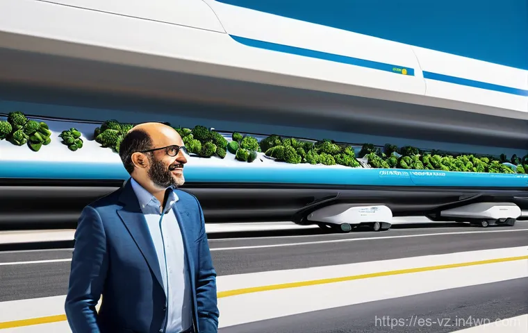 하이퍼루프의 경제적 이점 분석 - **Prompt: "A sleek, futuristic Hyperloop capsule glides silently through a transparent tube, offerin...