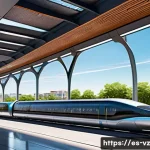 Home 14 하이퍼루프 기술의 글로벌 정책 동향 - A futuristic Hyperloop station in a vibrant Spanish cityscape, featuring sleek, aerodynamic pods rea...