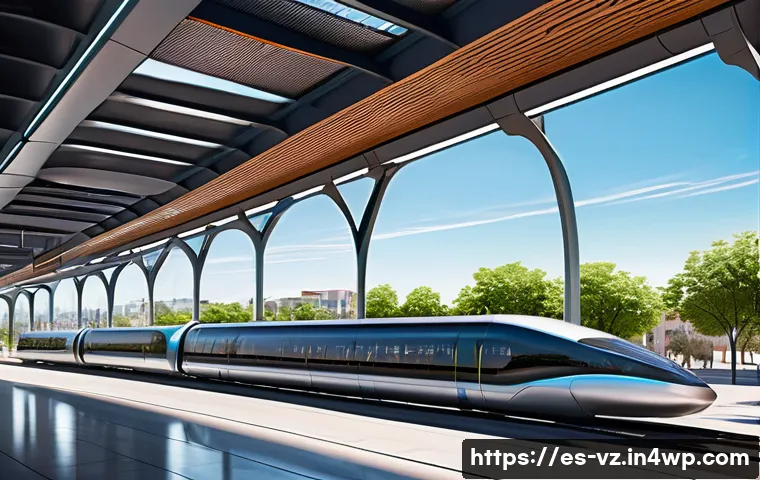 하이퍼루프 기술의 글로벌 정책 동향 - A futuristic Hyperloop station in a vibrant Spanish cityscape, featuring sleek, aerodynamic pods rea...