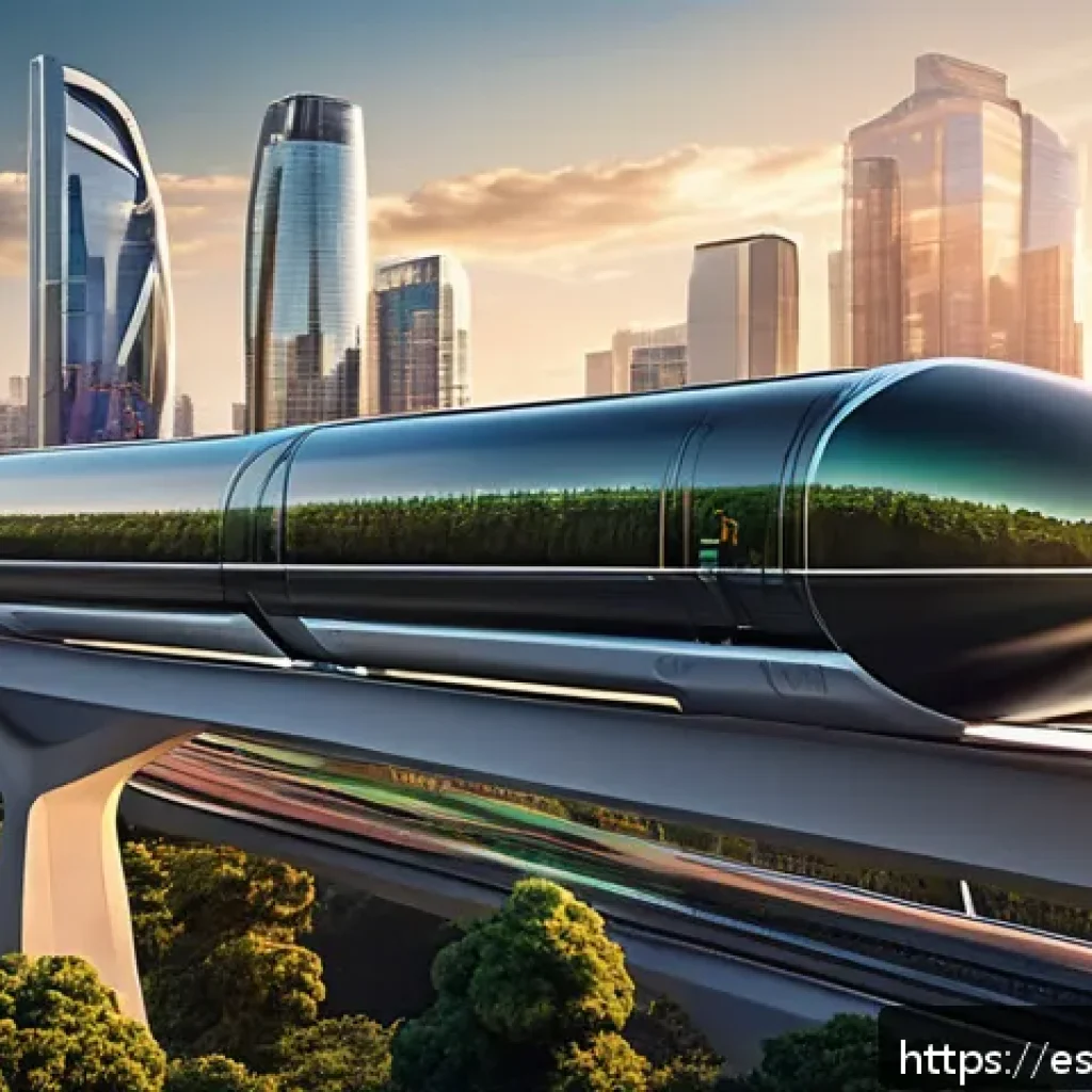 하이퍼루프 기술의 연구 및 개발 현황 - A futuristic Hyperloop capsule design speeding through a sleek, elevated vacuum tube in a modern Lat...