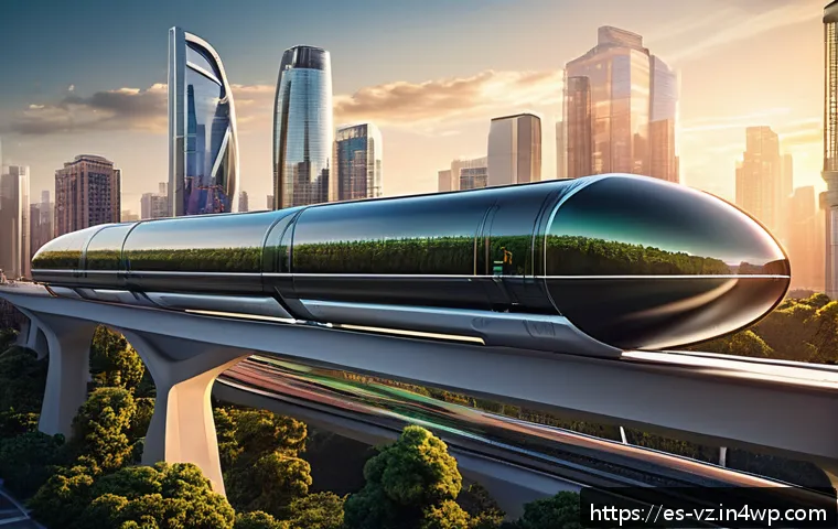 하이퍼루프 기술의 연구 및 개발 현황 - A futuristic Hyperloop capsule design speeding through a sleek, elevated vacuum tube in a modern Lat...