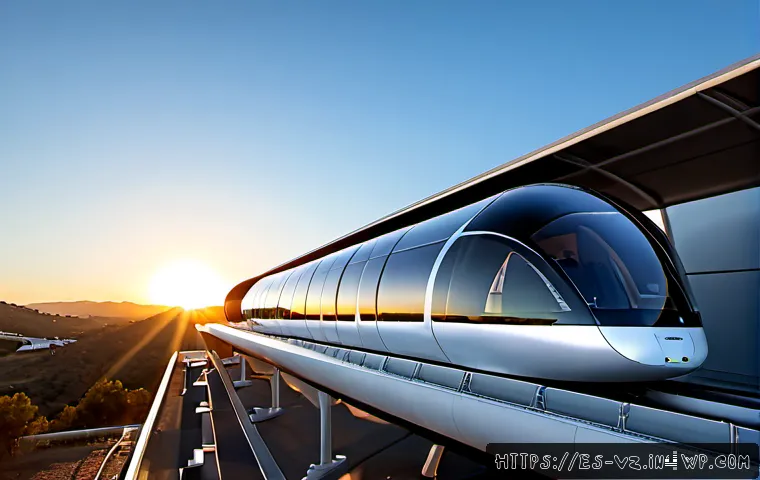 Home 17 하이퍼루프 시스템의 에너지 공급 체계 - Photorealistic cutaway view of a modern hyperloop station in Spain at sunrise, sleek passenger pod r...