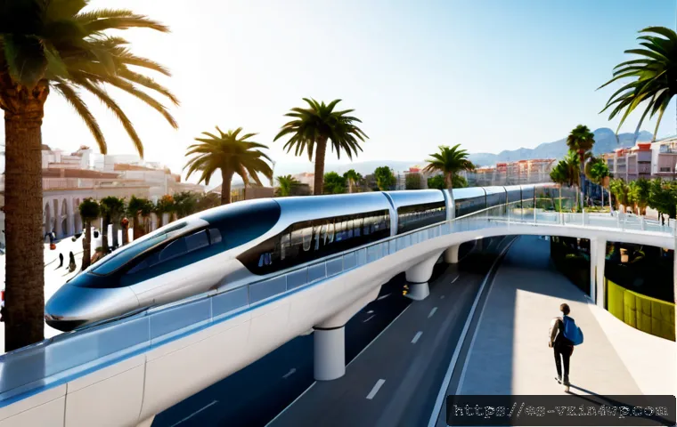 Home 17 하이퍼루프의 미래 도시 모델 제안 - Photorealistic future urban model of a Spanish coastal city featuring a sleek hyperloop station, tra...